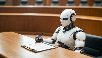 Robot signing document in court.