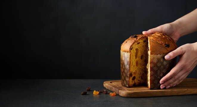 Hands slicing traditional italian panettone on wooden board against dark background