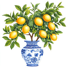 beautiful illustration of a lemon tree, with vivid yellow lemons on, in a blue chinoiserie toile blue and white vase, detailed leaves ornate realistic textured elements, vintage style, pretty, isolate