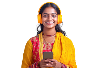 Cheerful woman in a yellow hoodie holding headphones near her ears, smiling brightly, PNG transparent background, isolated, studio shot.