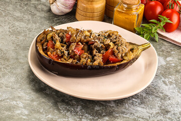 Baked eggplant stuffed meat and tomato
