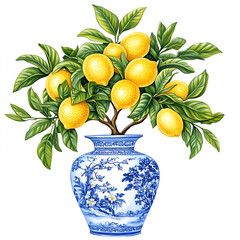 beautiful illustration of a lemon tree, with vivid yellow lemons on, in a blue chinoiserie toile blue and white vase, detailed leaves ornate realistic textured elements, vintage style, pretty, isolate