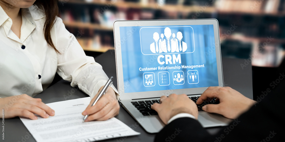 Poster customer relationship management system on brisk computer for crm business and enterprise