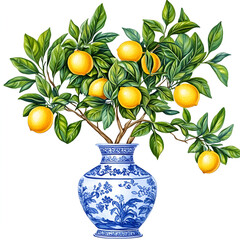 beautiful illustration of a lemon tree, with vivid yellow lemons on, in a blue chinoiserie toile blue and white vase, detailed leaves ornate realistic textured elements, vintage style, pretty, isolate