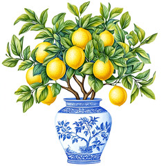 beautiful illustration of a lemon tree, with vivid yellow lemons on, in a blue chinoiserie toile blue and white vase, detailed leaves ornate realistic textured elements, vintage style, pretty, isolate