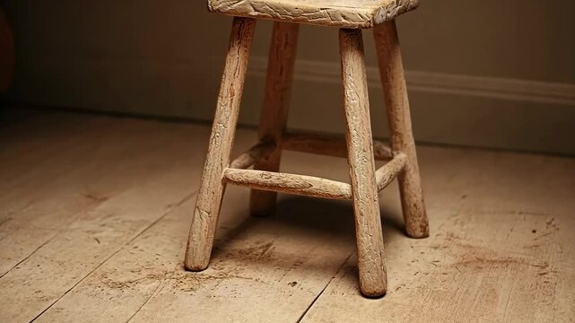 Rustic wooden stool in a cozy interior setting with warm lighting highlighting natural textures