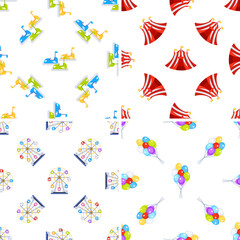 Seamless pattern with colorful amusement park attractions featuring bumper cars, ferris wheel, circus tent and balloons
