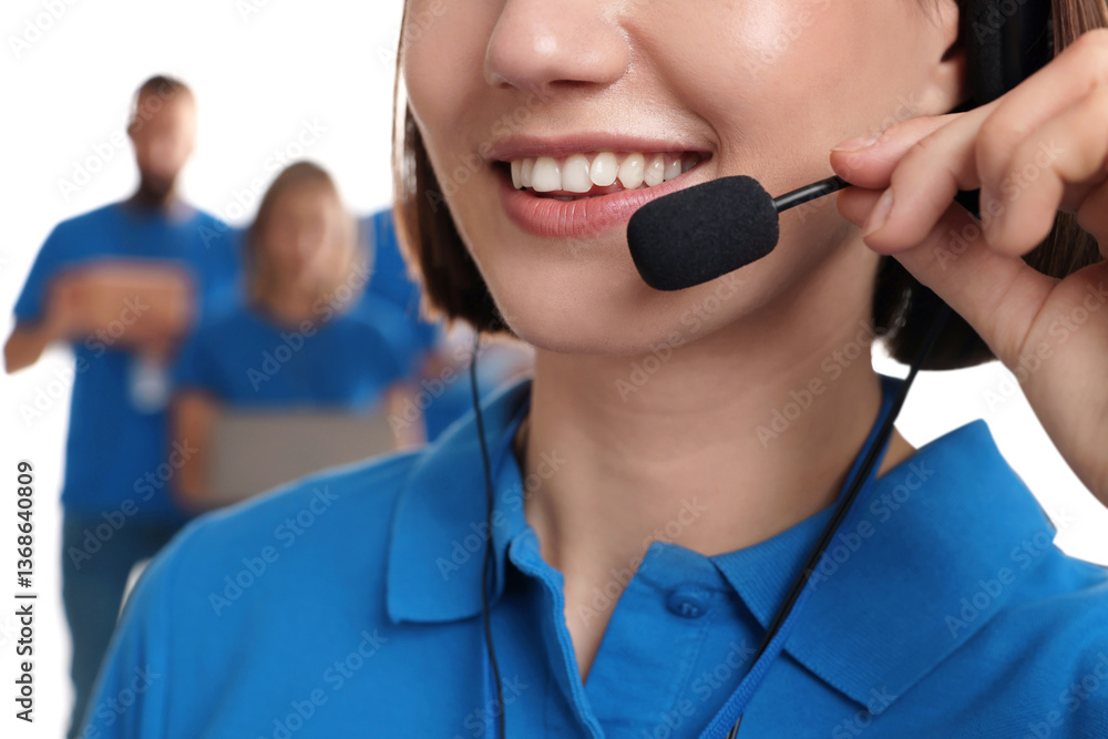 Poster technical support call center. smiling operator on white background, closeup