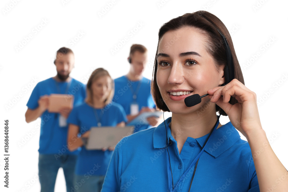 Poster technical support call center. smiling operator on white background, selective focus