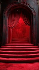 Fototapeta premium Dramatic red stairway leads to an elegant velvet-draped entrance in a theatrical setting
