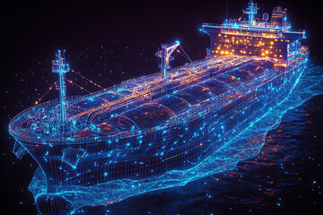 Fototapeta premium Glowing wireframe illustration of a modern cargo ship on a transparent background, highlighted by a combination of blue and black data points. 
