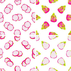 Set of seamless patterns with slices and whole pitahaya fruits on white background
