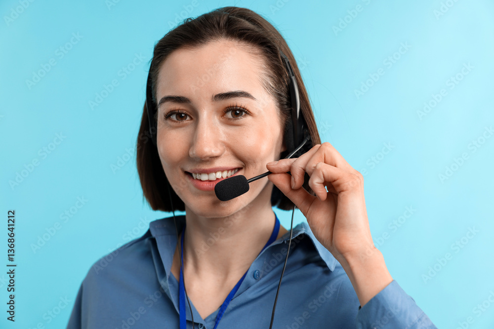 Poster technical support call center. portrait of smiling operator on light blue background