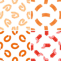 Seamless patterns with different types of sausages forming various compositions