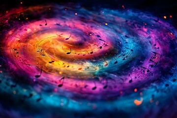Music notes forming a spiral galaxy of vibrant colors, symbolizing the infinite connection between sound and the cosmos