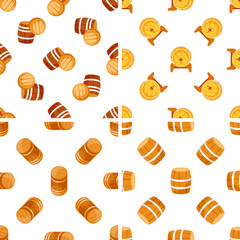Seamless pattern with wooden barrels lying, standing and cut in half, viewed from different angles