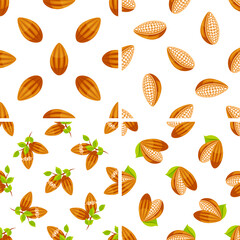 Seamless pattern with cocoa beans showing the inside and the outside with and without leaves
