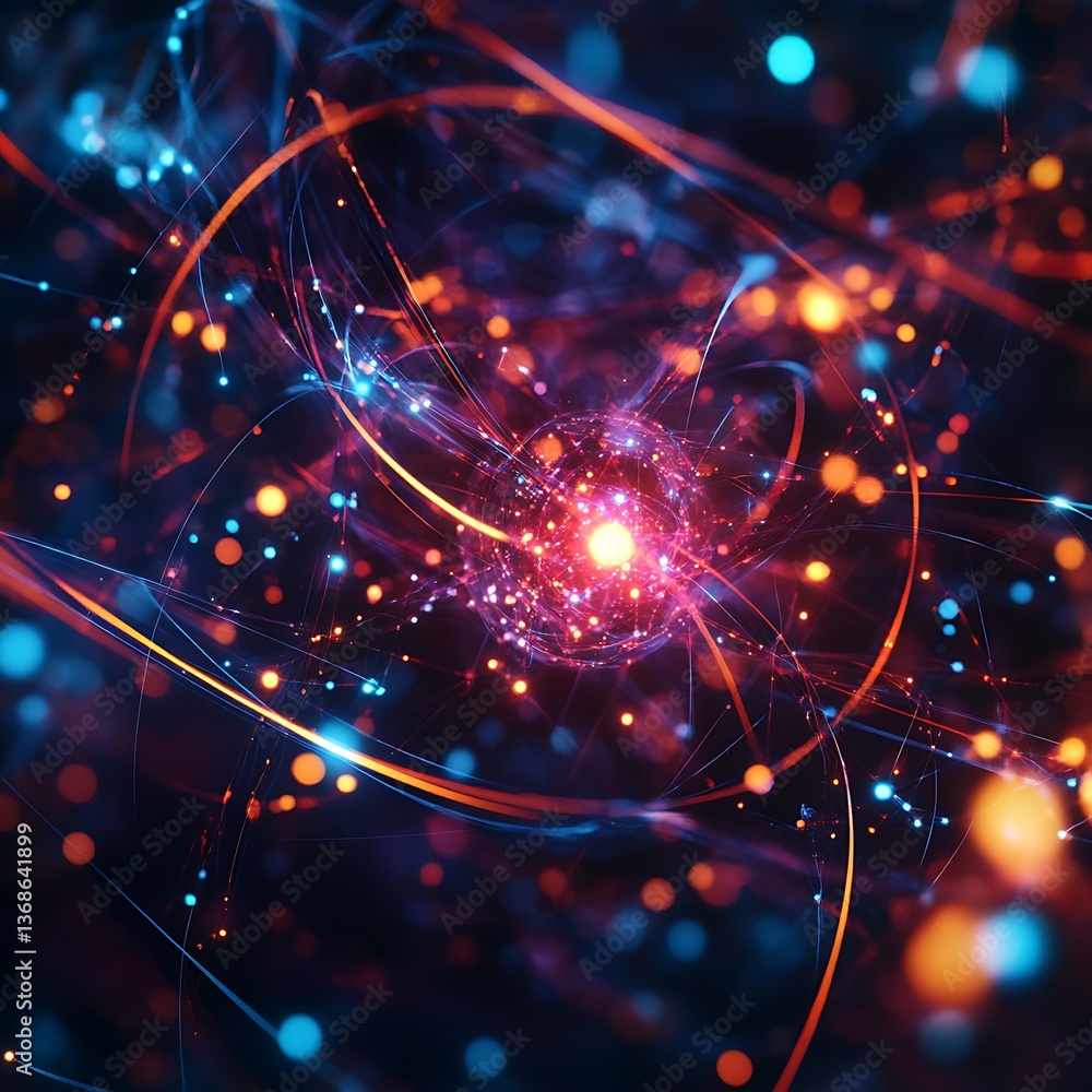 Poster abstract, swirling, luminous sphere within a dynamic field of energy lines and particles