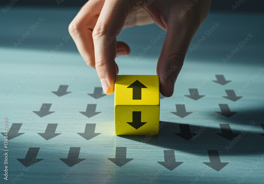 Poster yellow blocks with arrows show business direction and decision making with hand holding the block st