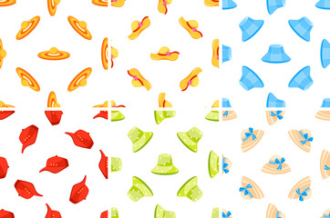 Seamless patterns with summer hats showing different models and colors