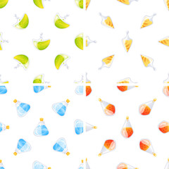 Seamless pattern with colorful magic potions in bottles and vials, repeating on white background