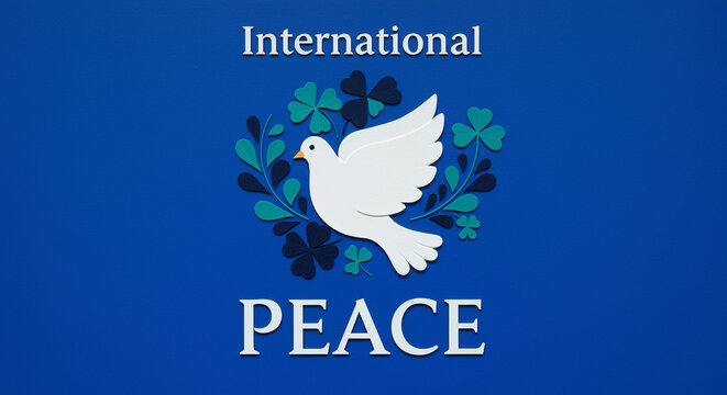 Dove peace symbol with international peace message on blue background. White dove surrounded by shamrocks and leaves with peace text - Powered by Adobe