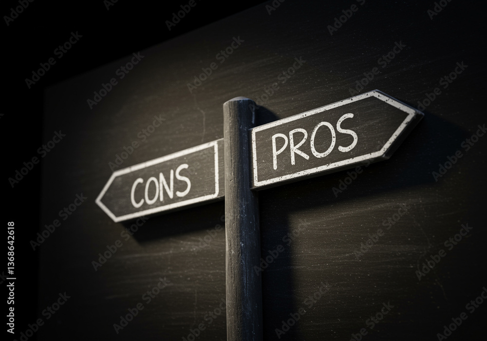 Poster signpost with pros and cons directional arrows on dark background representing decision making proce