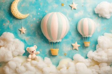 Pastel newborn photography backdrop with hot air balloons and stars