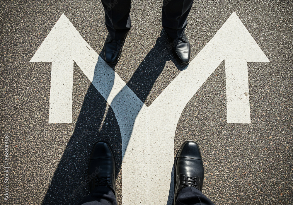 Poster feet on crossroads with arrows pointing in different directions symbolizing decision making and choi