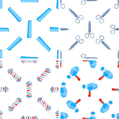 Seamless pattern with barber tools showing combs, scissors, hairdryer and barber poles