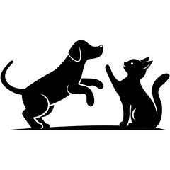 Playful Companions: A silhouette of a dog and cat engage in a playful interaction, capturing the essence of friendship between different species, symbolising companionship.