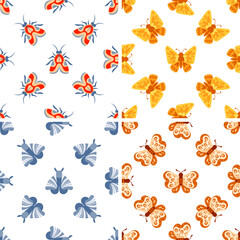 Colorful butterfly and moth seamless patterns showing different wing shapes and colors