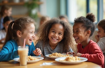 Happy children eat together lunch. Smiling diverse kids share meal at school cafeteria. Joyful students enjoy healthy food. Concept of friendship, childhood, community, education, lunch break.