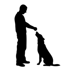 Training silhouette: A silhouette captures a tender moment between a man and his loyal canine companion, focusing on the bond of trust and training.