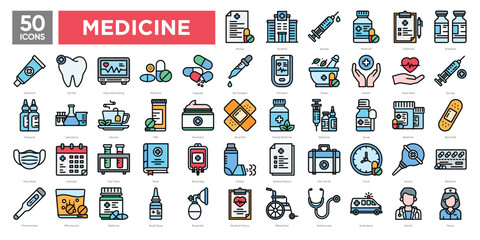 Medicine icon collection set, including healthcare, medical equipment, treatment, and pharmacy essentials. Perfect for medical infographics, hospital materials, and healthcare applications.