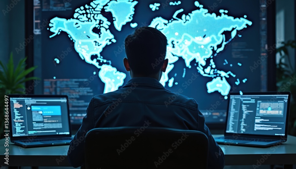Poster cybersecurity expert conducts penetration test. hacker views world map data on large screen. analyze