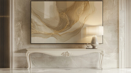 Beige marble wall with white console table, gold abstract painting above, and a table lamp, showcasing elegant interior design, ideal for luxury home dÃ©cor or hotel lobby display