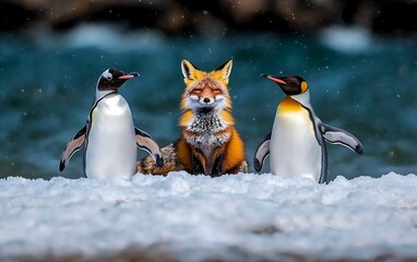 Penguins, Fox, Snow, Shore