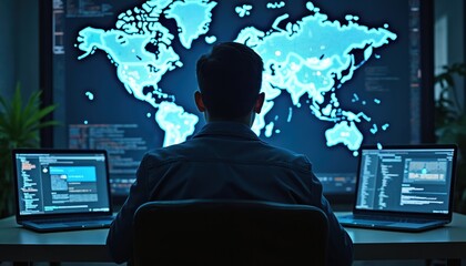 Cybersecurity expert conducts penetration test. Hacker views world map data on large screen. Analyze network vulnerabilities. Protect critical infrastructure. Cyberattack, data breach prevention.
