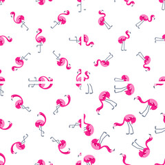 Pink flamingos seamless pattern displaying various poses on white background