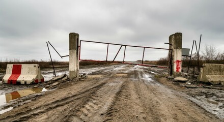 Obraz premium Broken rural gate on muddy road under grey skies