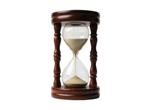 A floating decorative hourglass with sand in motion, on a solid white background