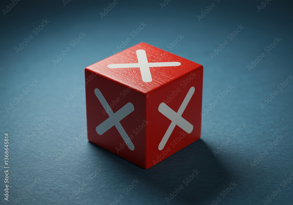 Poster red dice with white crosses on blue background presents a cube with cross symbols on each side creat