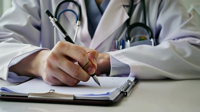 Close up of a doctor&rsquo;s hands writing on a medical document with a pen, writing a diagnosis or patient record.