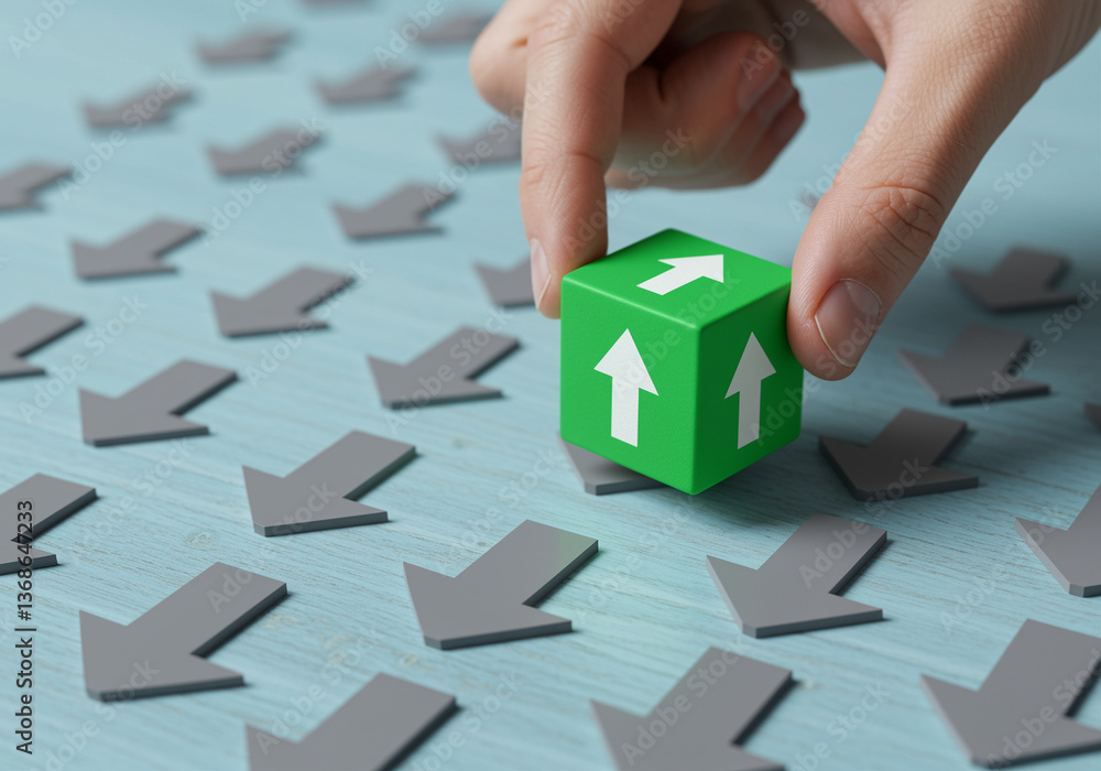Poster arrow block in hand surrounded by gray arrows shows business growth and decision making concept. gre