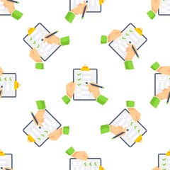 Hands completing checklist on clipboard, seamless pattern background