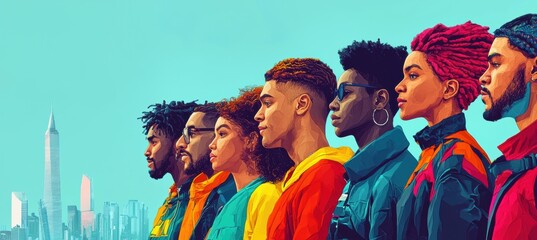 Diverse individuals in profile view against vibrant turquoise cityscape