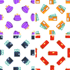 Seamless pattern with colorful wallets and purses containing money and credit cards