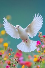 Fototapeta premium Graceful white doves in flight with wings wide open, captured in poetic compositions – ideal for peace-themed designs, book covers, or symbolic spiritual projects.
