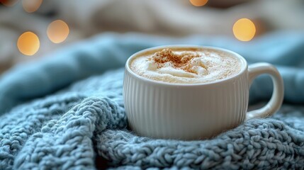 Warm coffee, creamy topping, cozy knit blanket